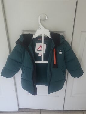2T Reebok Kids' Teal Green Hooded Puffer Jacket with Orange Accent